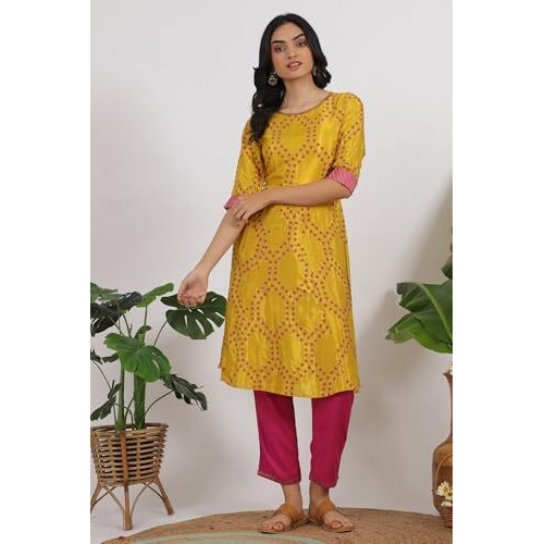 W For Woman Marigold Yellow Floral Printed Straight Shantung Kurta And Pants Set (Size M)-Ws19962-122247