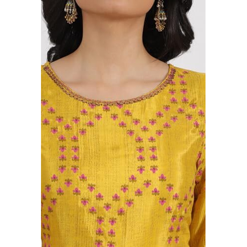 W For Woman Marigold Yellow Floral Printed Straight Shantung Kurta And Pants Set (Size M)-Ws19962-122247