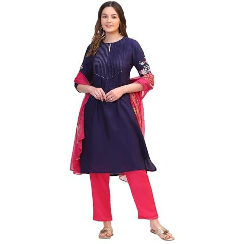W For Woman Navy Blue Solid Floral Embroidered Shantung Kurta, Pants And Dupatta Set (SizeXl)-Ws19722