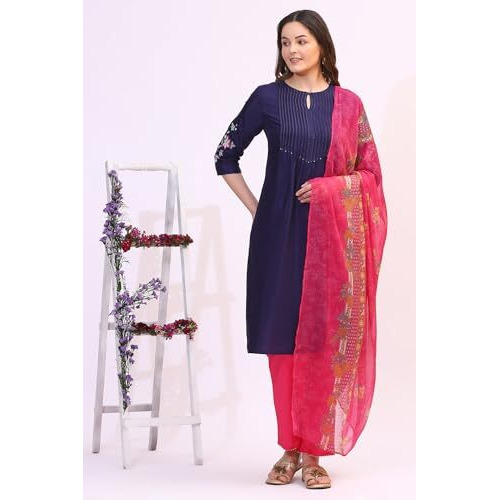 W For Woman Navy Blue Solid Floral Embroidered Shantung Kurta, Pants And Dupatta Set (SizeXl)-Ws19722
