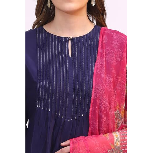 W For Woman Navy Blue Solid Floral Embroidered Shantung Kurta, Pants And Dupatta Set (SizeXl)-Ws19722