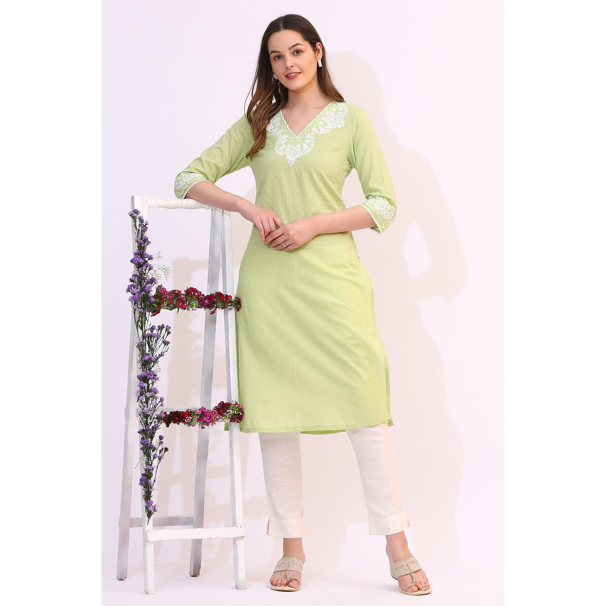 W For Woman Pistachio Green Mirror Work Pure Cotton Straight Kurta (SizeS)-W12711