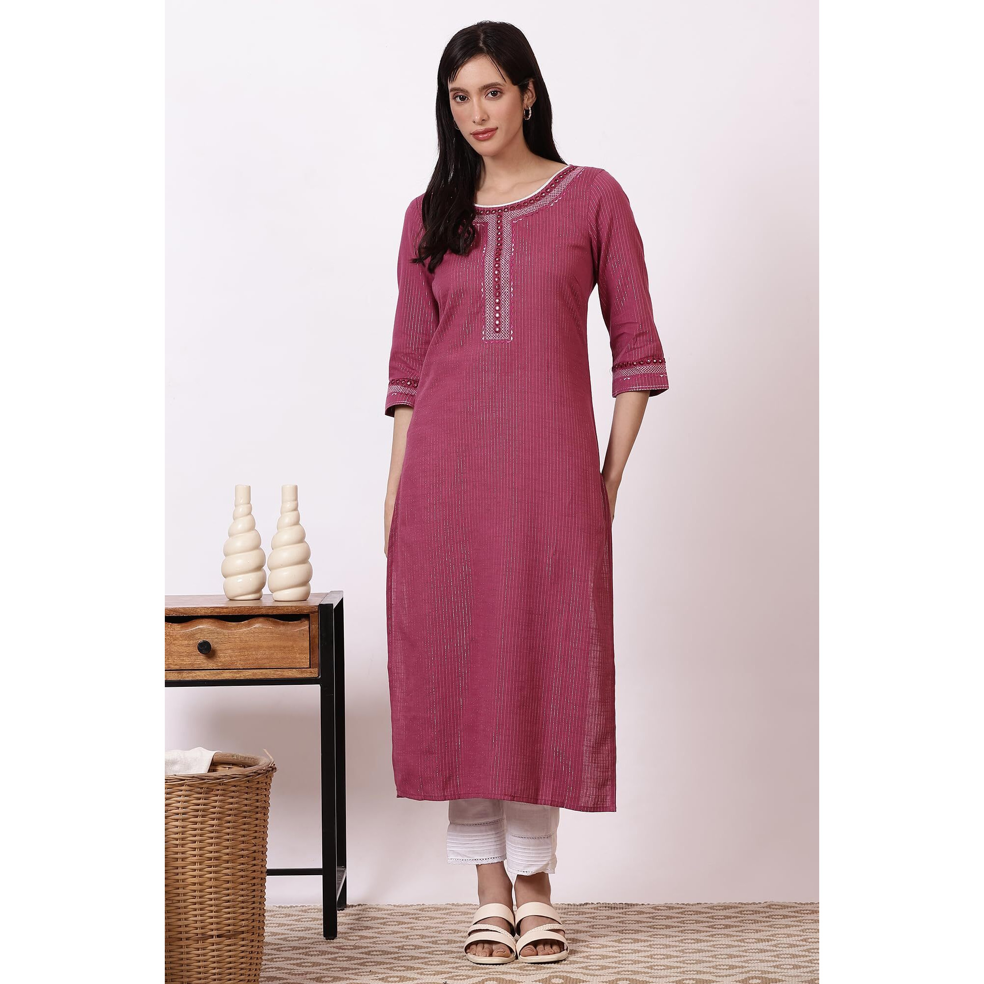 Aurelia Women's Pink Embroidered Cotton Lurex Kurta And Pants Set (Size M)-Onas14423-704530
