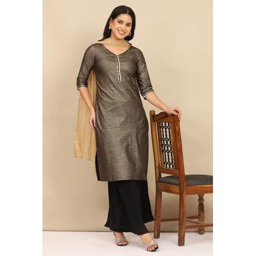 Aurelia Women's Black Foil Printed Embellished Straight Kurta, Pleated Palazzo And Dupatta Set (Size S)-Onas14550-507737