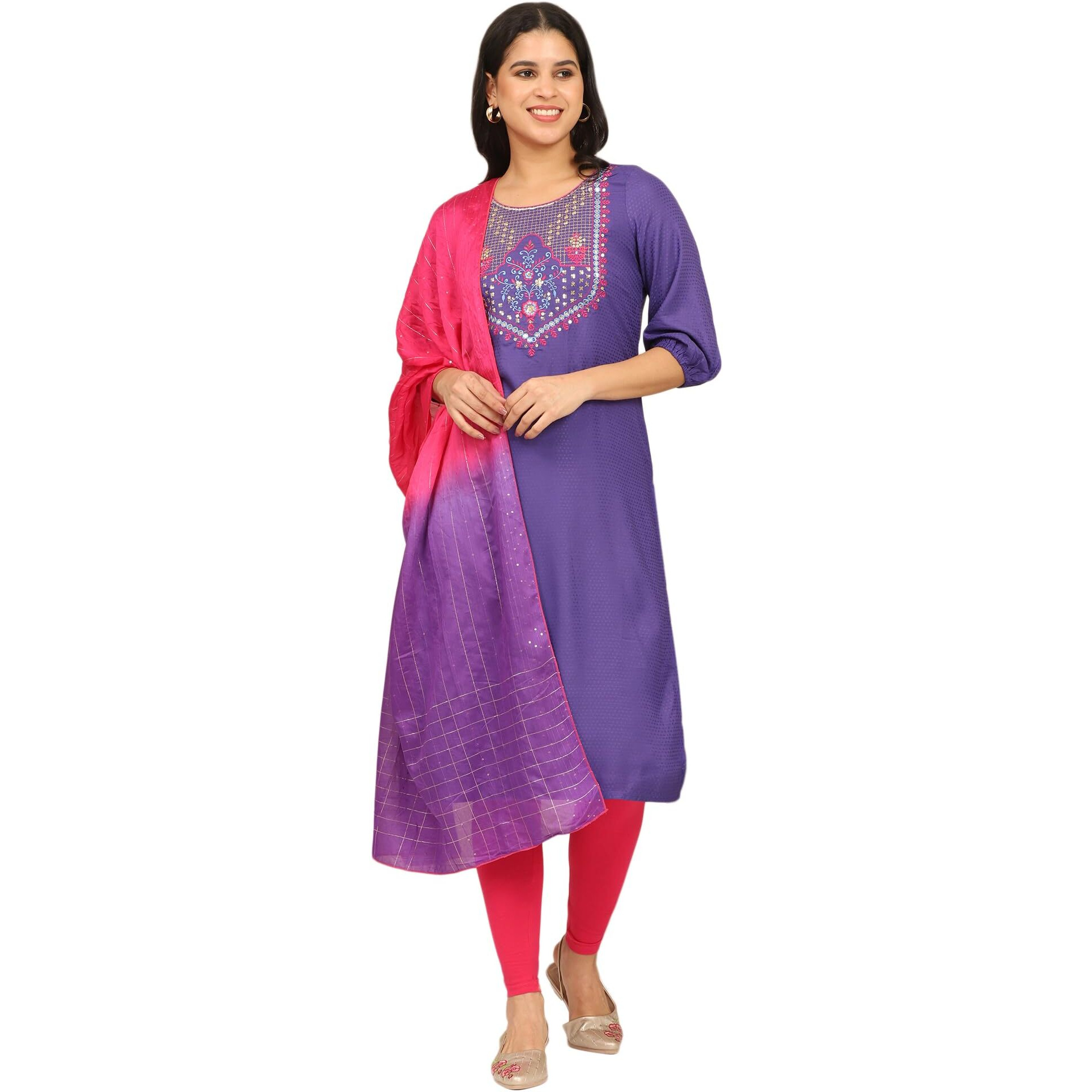 Aurelia Women's Blue Zari Embroidered Straight Kurta, Leggings And Dupatta Set (Size Xl)-Onas14676-606690