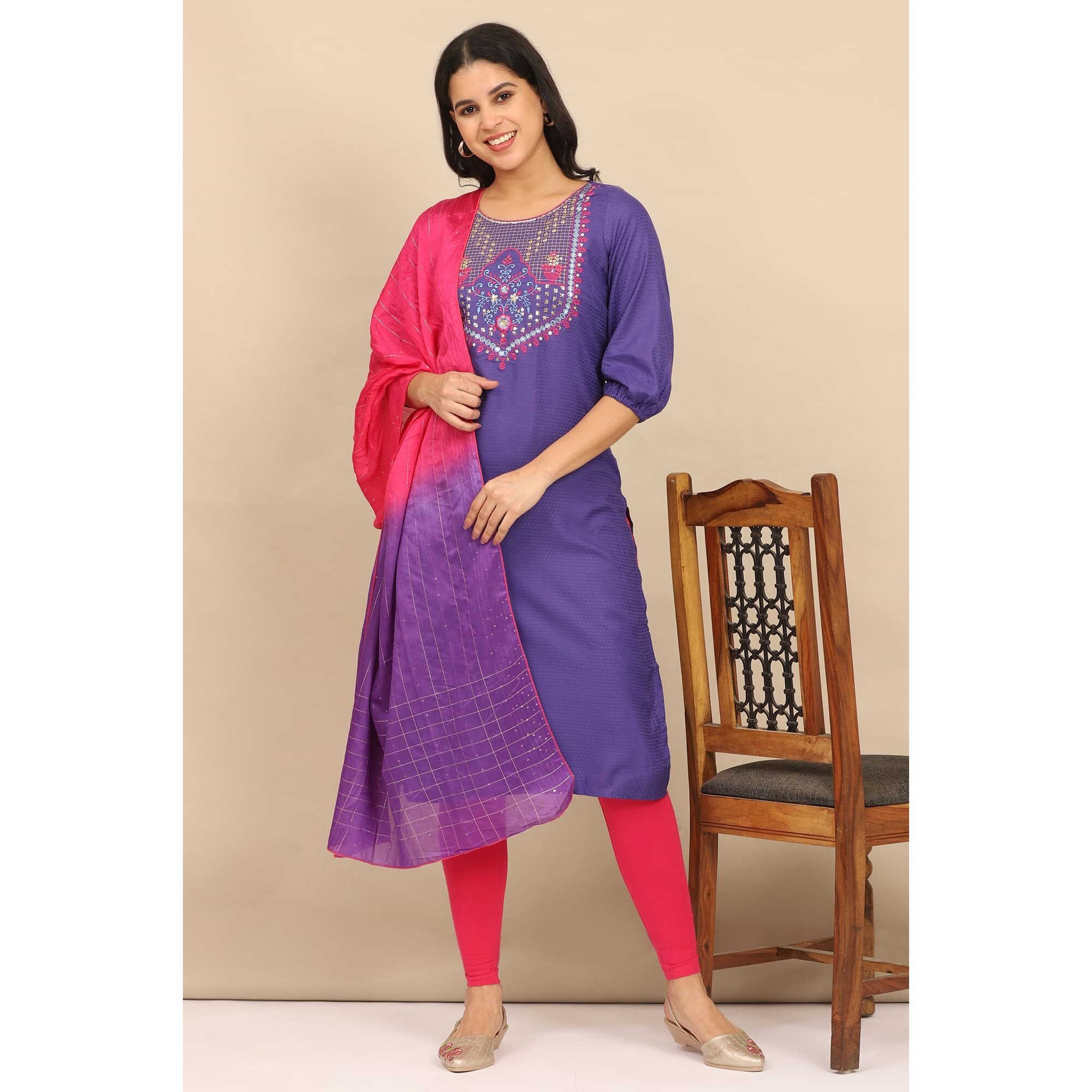 Aurelia Women's Blue Zari Embroidered Straight Kurta, Leggings And Dupatta Set (Size Xl)-Onas14676-606690