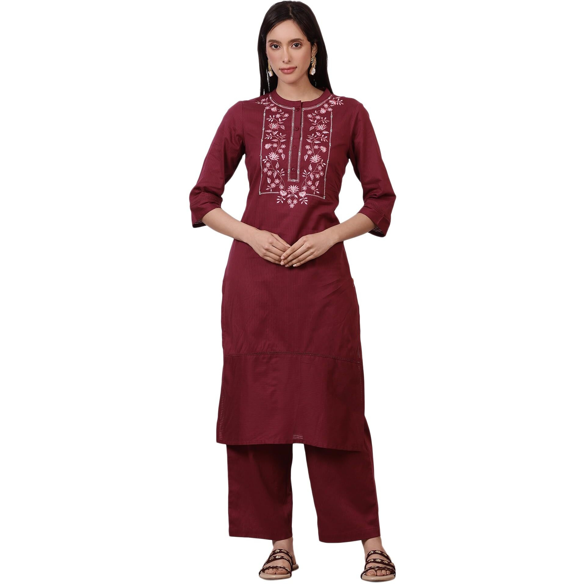 Aurelia Women's Maroon Embroidered Yoke Pure Cotton Straight Kurta And Pants Set (Size M)-Asst15025-221943