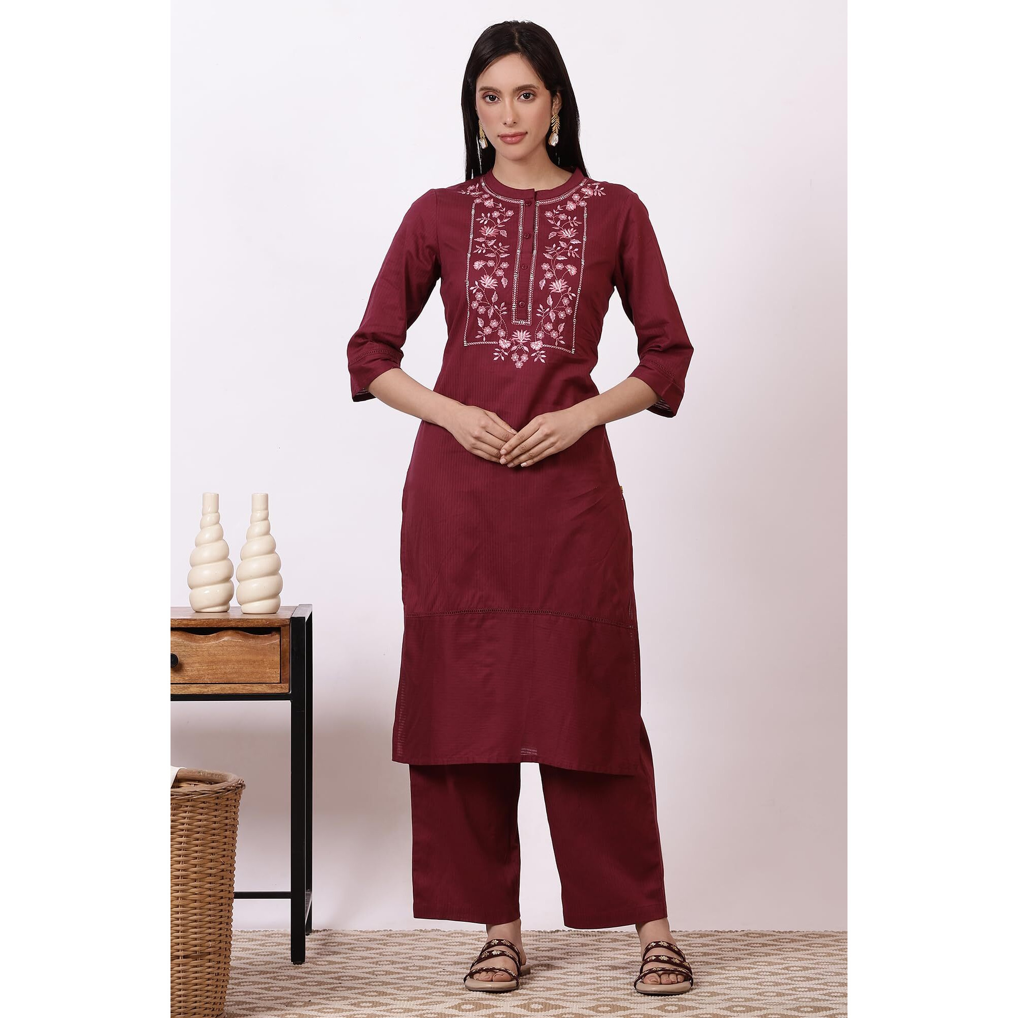 Aurelia Women's Maroon Embroidered Yoke Pure Cotton Straight Kurta And Pants Set (Size M)-Asst15025-221943