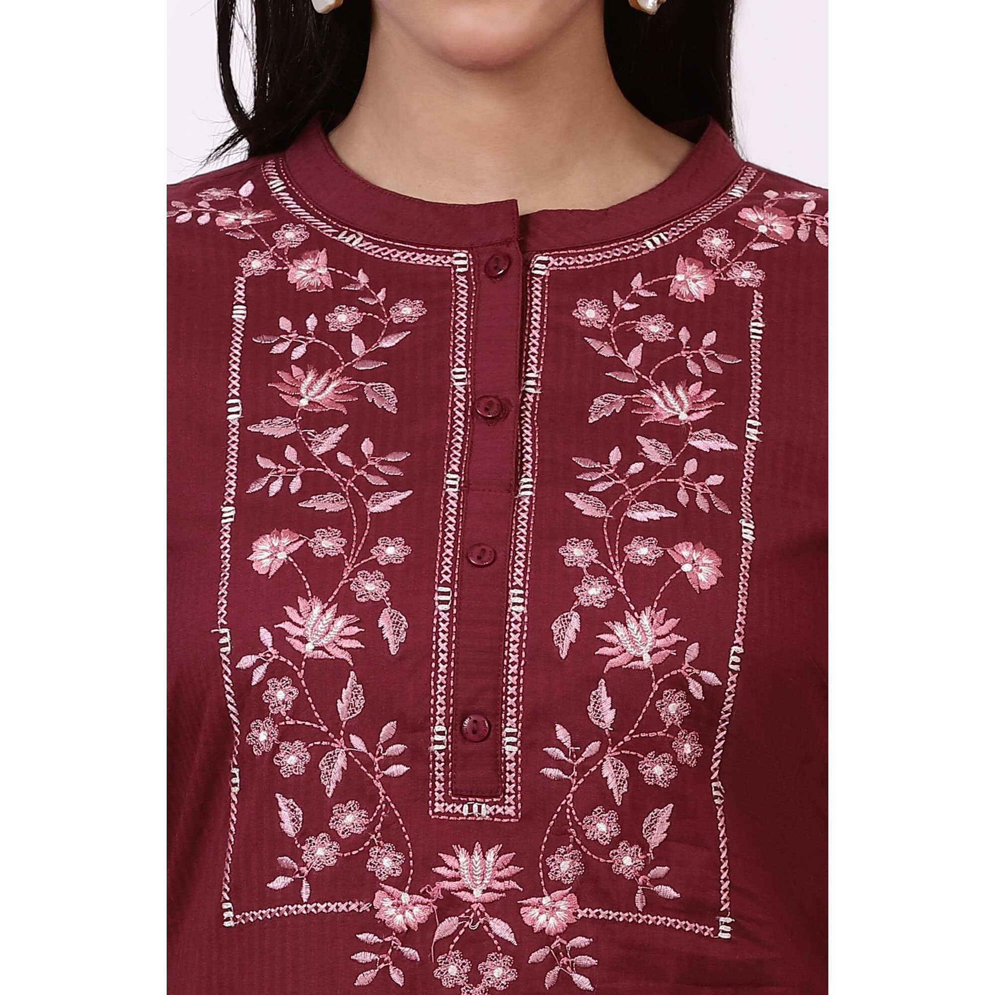 Aurelia Women's Maroon Embroidered Yoke Pure Cotton Straight Kurta And Pants Set (Size M)-Asst15025-221943