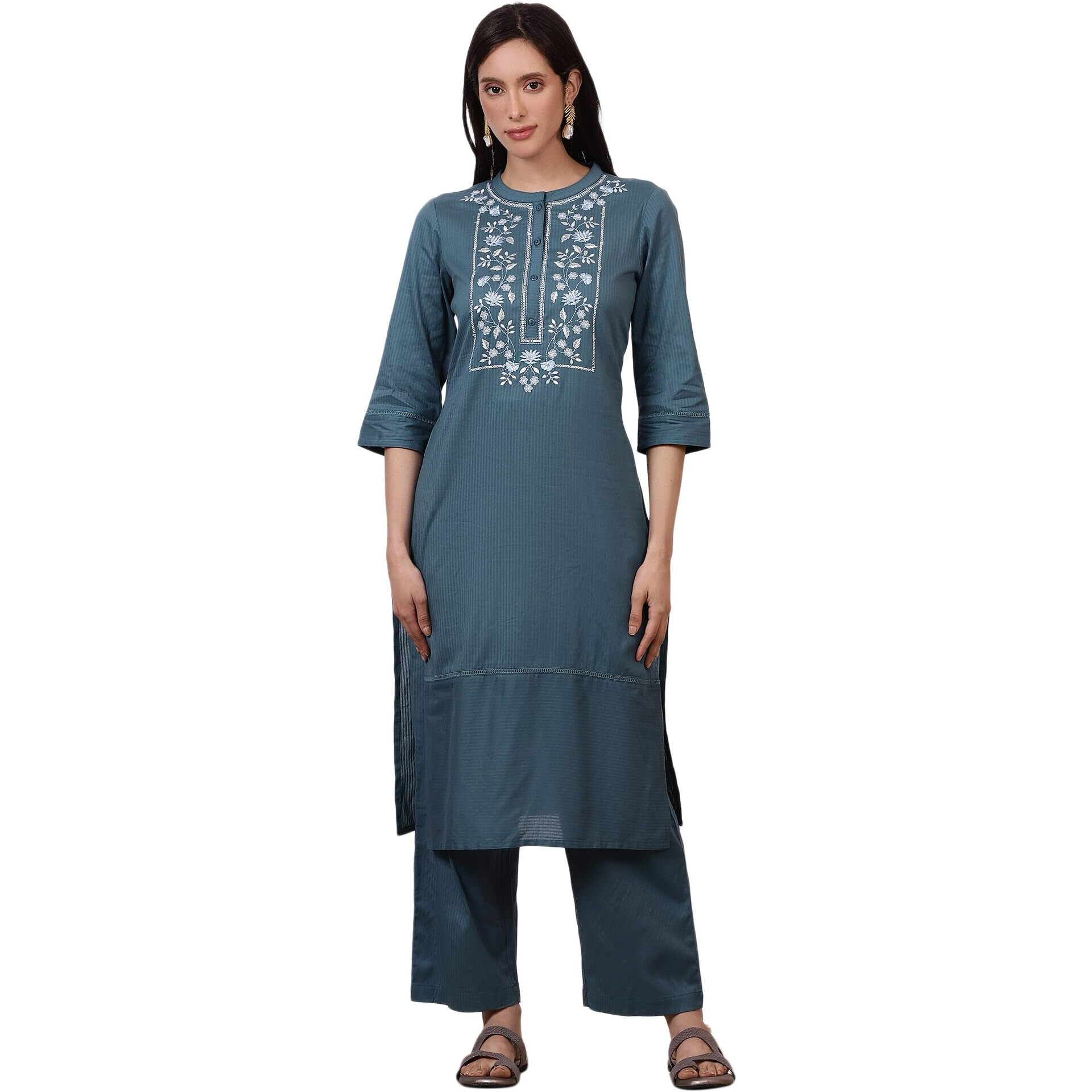 Aurelia Women's Blue Embroidered Yoke Pure Cotton Straight Kurta And Pants Set (Size L)-Asst15025-221942