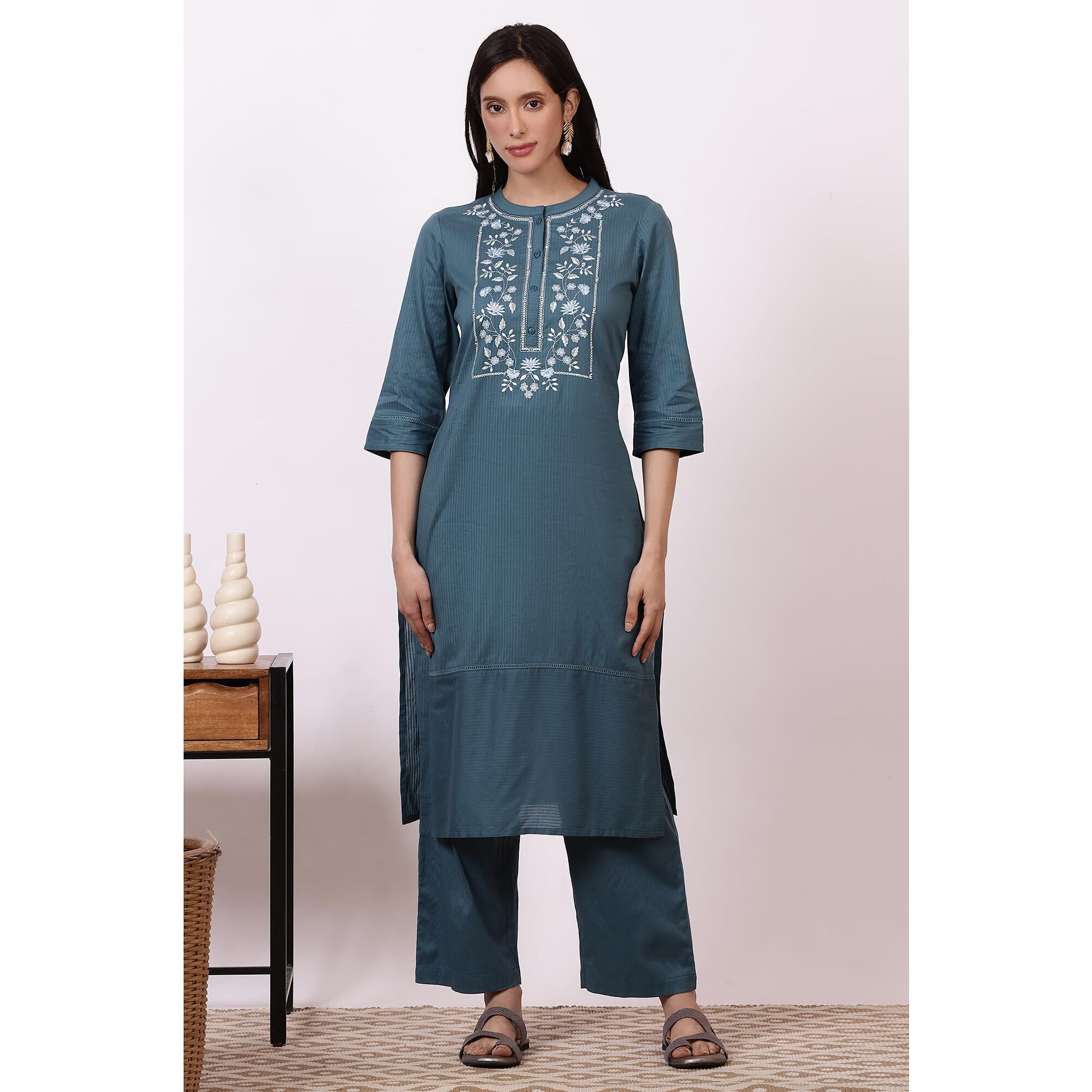 Aurelia Women's Blue Embroidered Yoke Pure Cotton Straight Kurta And Pants Set (Size L)-Asst15025-221942