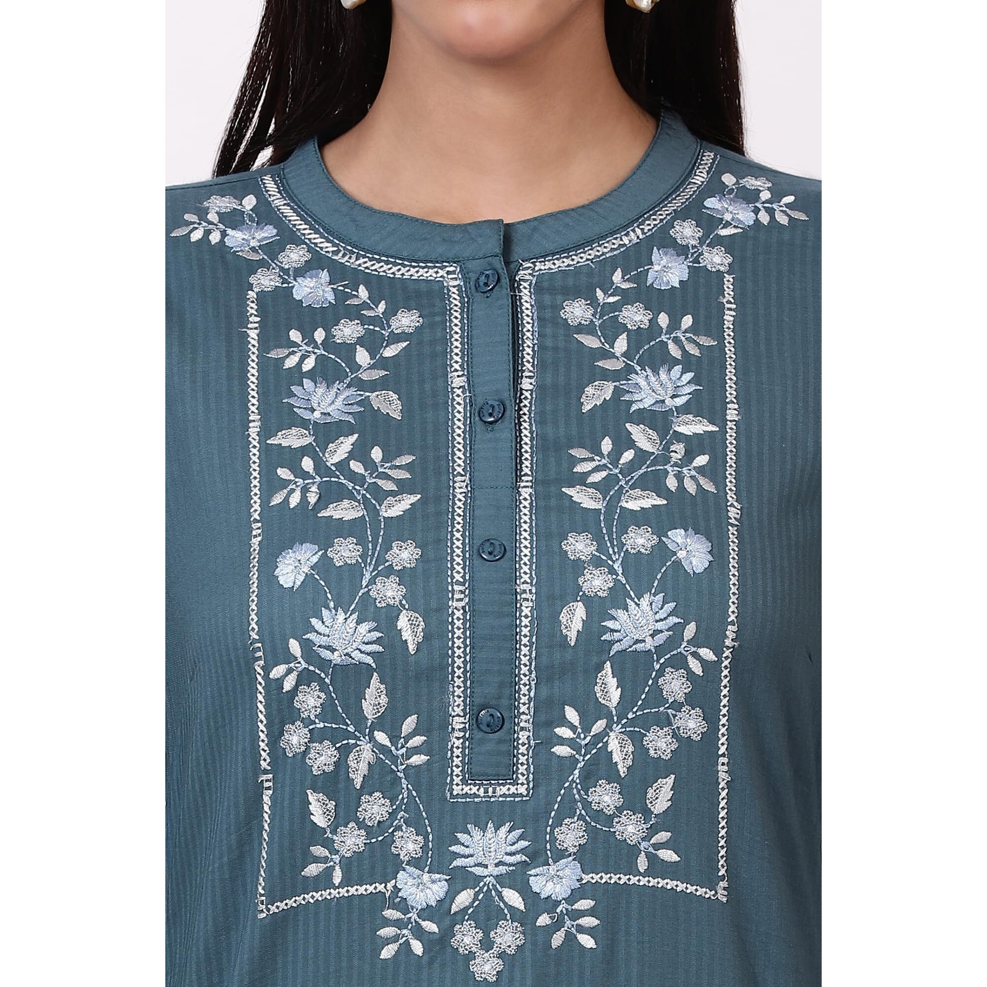 Aurelia Women's Blue Embroidered Yoke Pure Cotton Straight Kurta And Pants Set (Size L)-Asst15025-221942