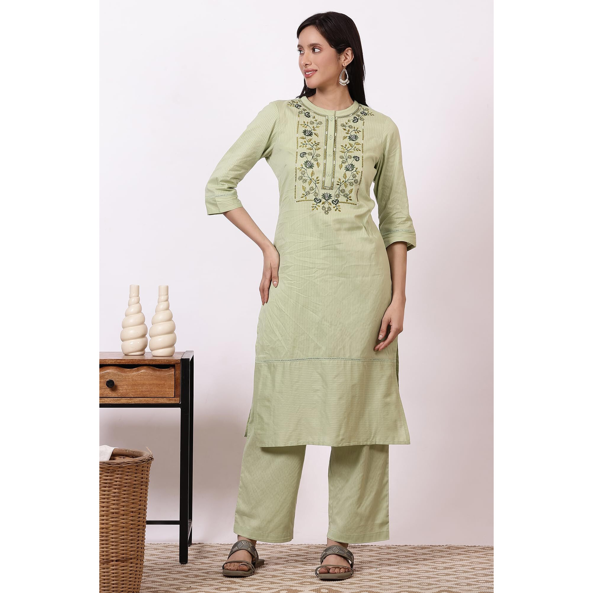 Aurelia Women's Green Embroidered Yoke Pure Cotton Straight Kurta And Pants Set (Size L)-Asst15025-221945