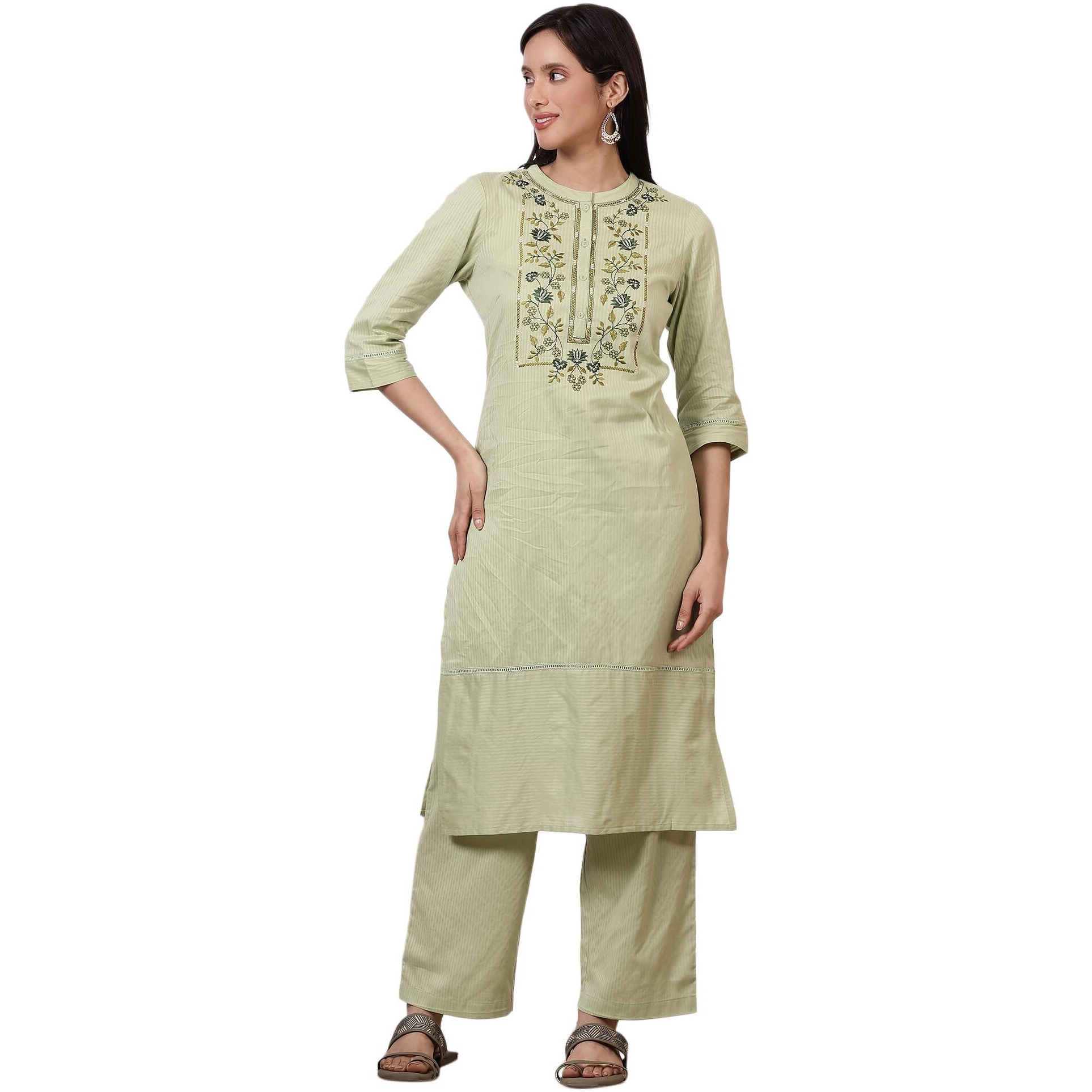 Aurelia Women's Green Embroidered Yoke Pure Cotton Straight Kurta And Pants Set (Size M)-Asst15025-221945