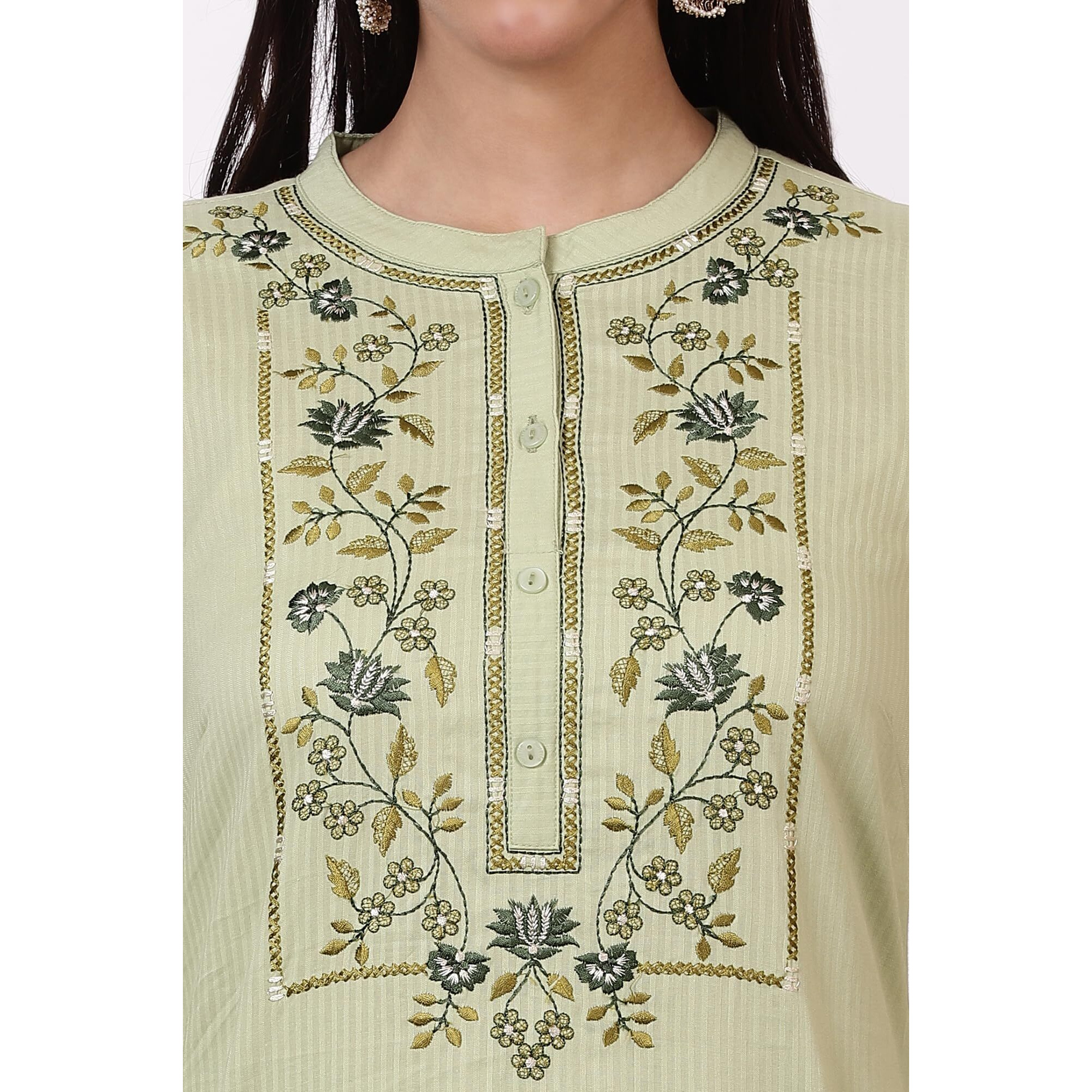 Aurelia Women's Green Embroidered Yoke Pure Cotton Straight Kurta And Pants Set (Size S)-Asst15025-221945