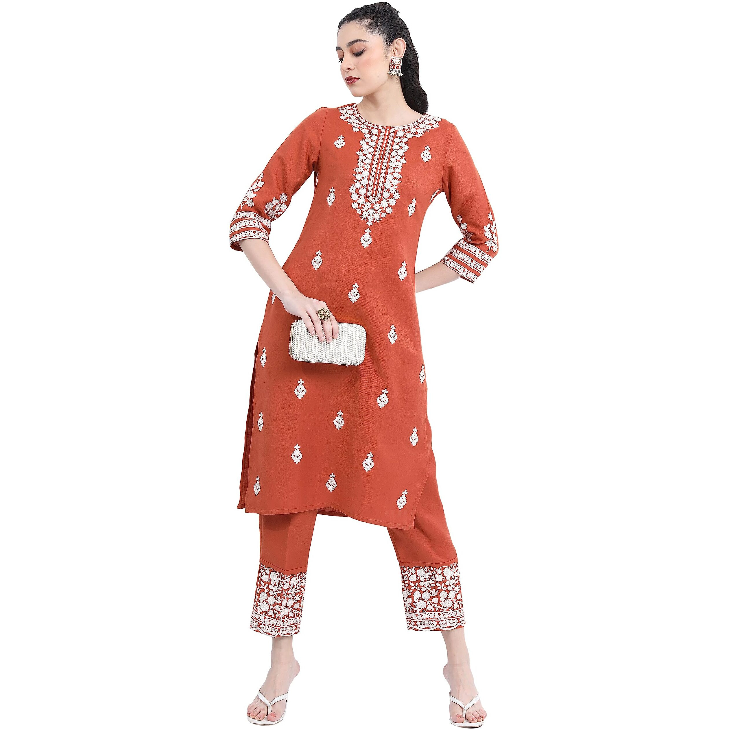 Ketch Women's Polyester Ethnic Set (Khk3000590_Rust_Xl)