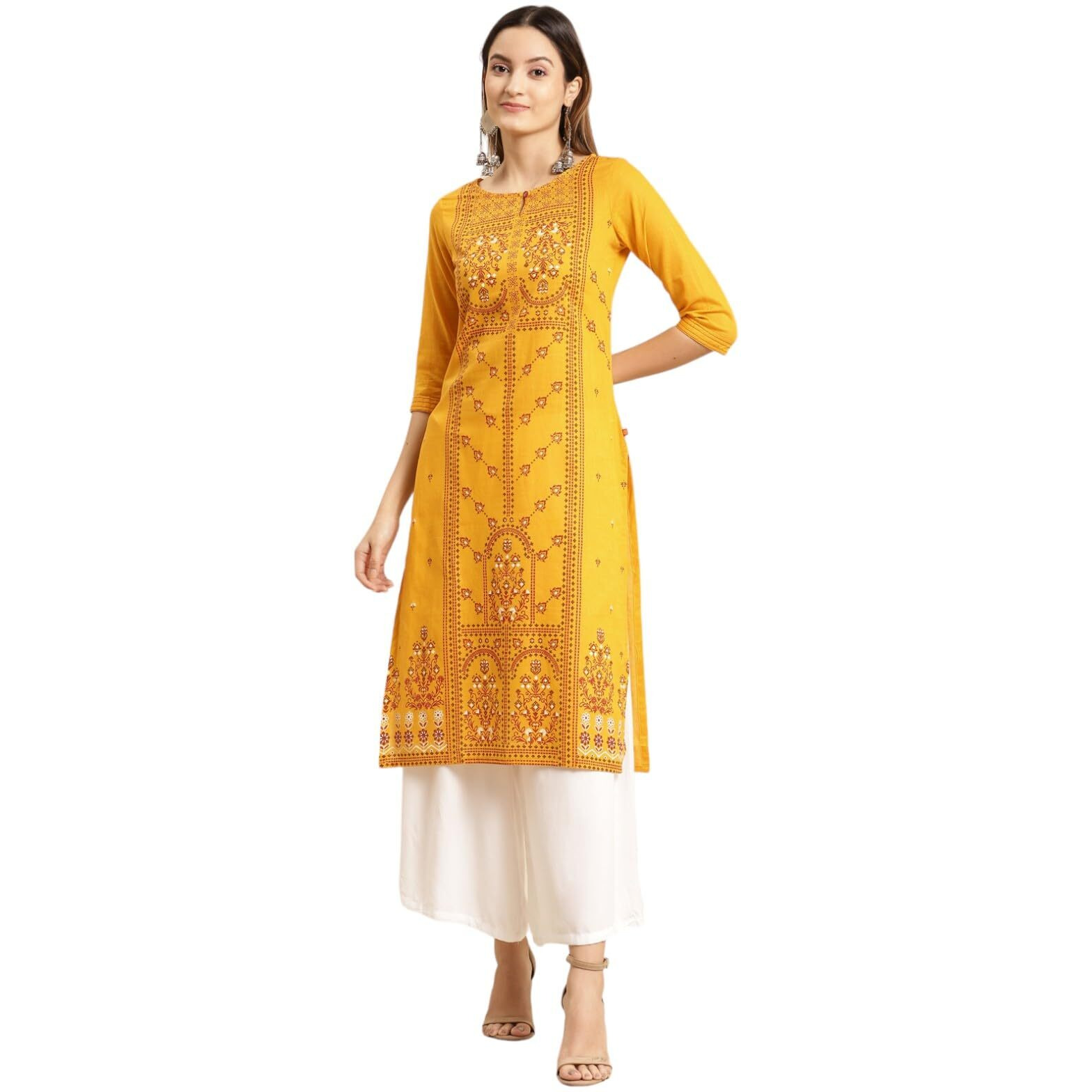 Rangita Mustard Cotton Calf Length Printed Straight Kurti For Women | Kurta For Women_2Xl