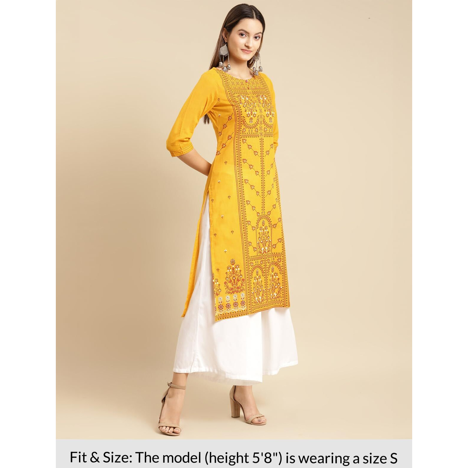 Rangita Mustard Cotton Calf Length Printed Straight Kurti For Women | Kurta For Women_2Xl