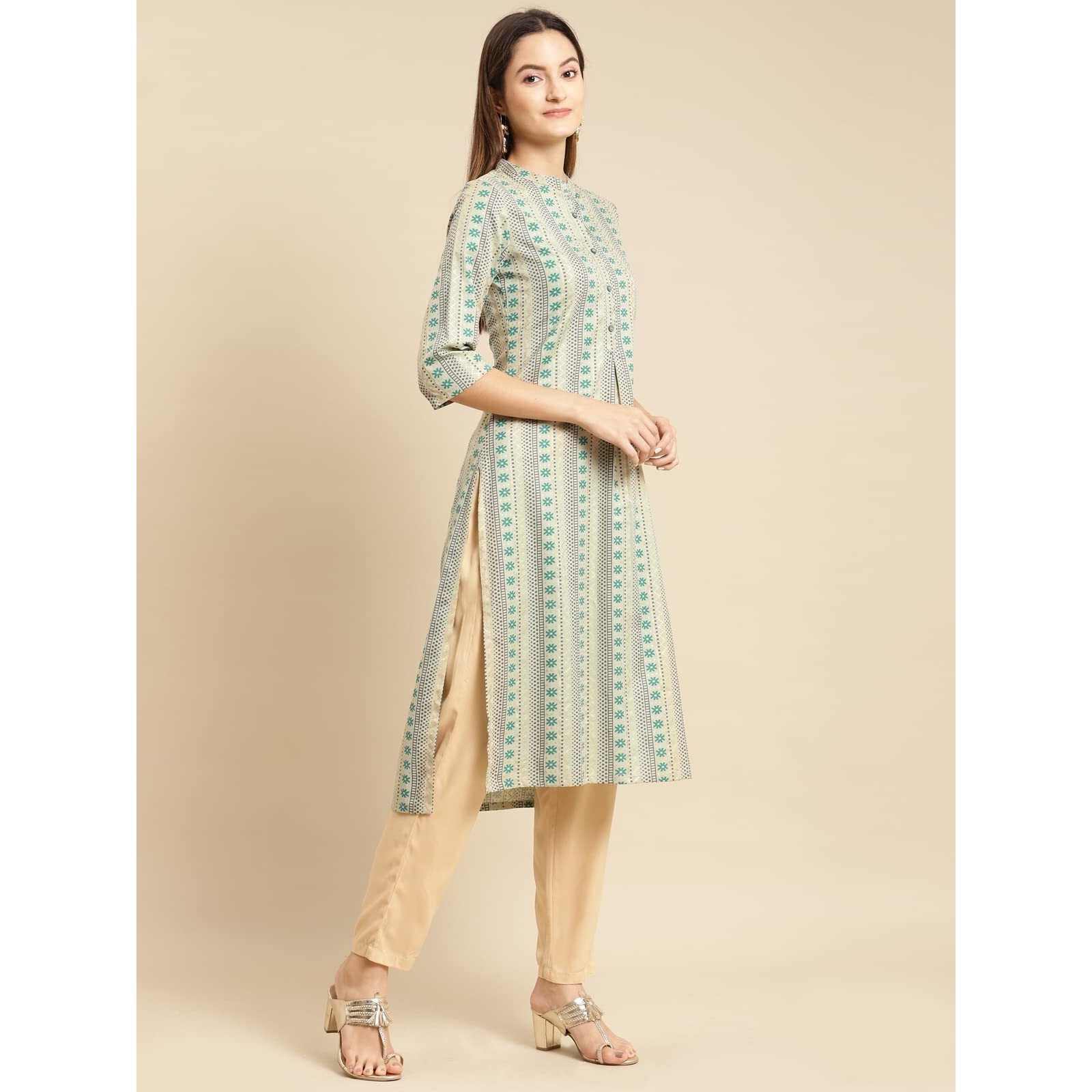 Rangita Green Cotton Flex Calf Length Printed Straight Kurti For Women | Kurta For Women_M