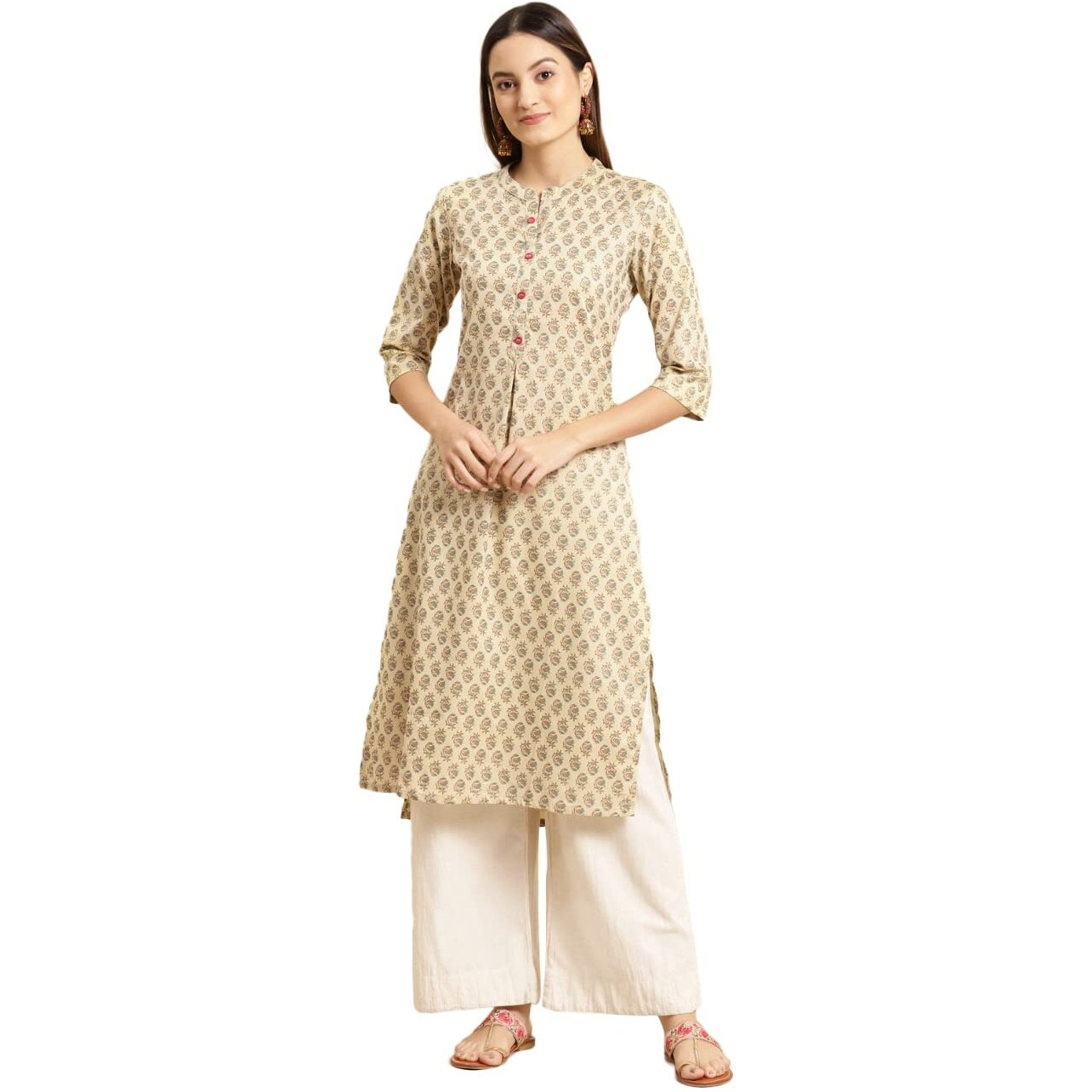 Rangita Beige Cotton Flex Calf Length Printed Straight Kurti For Women | Kurta For Women_M