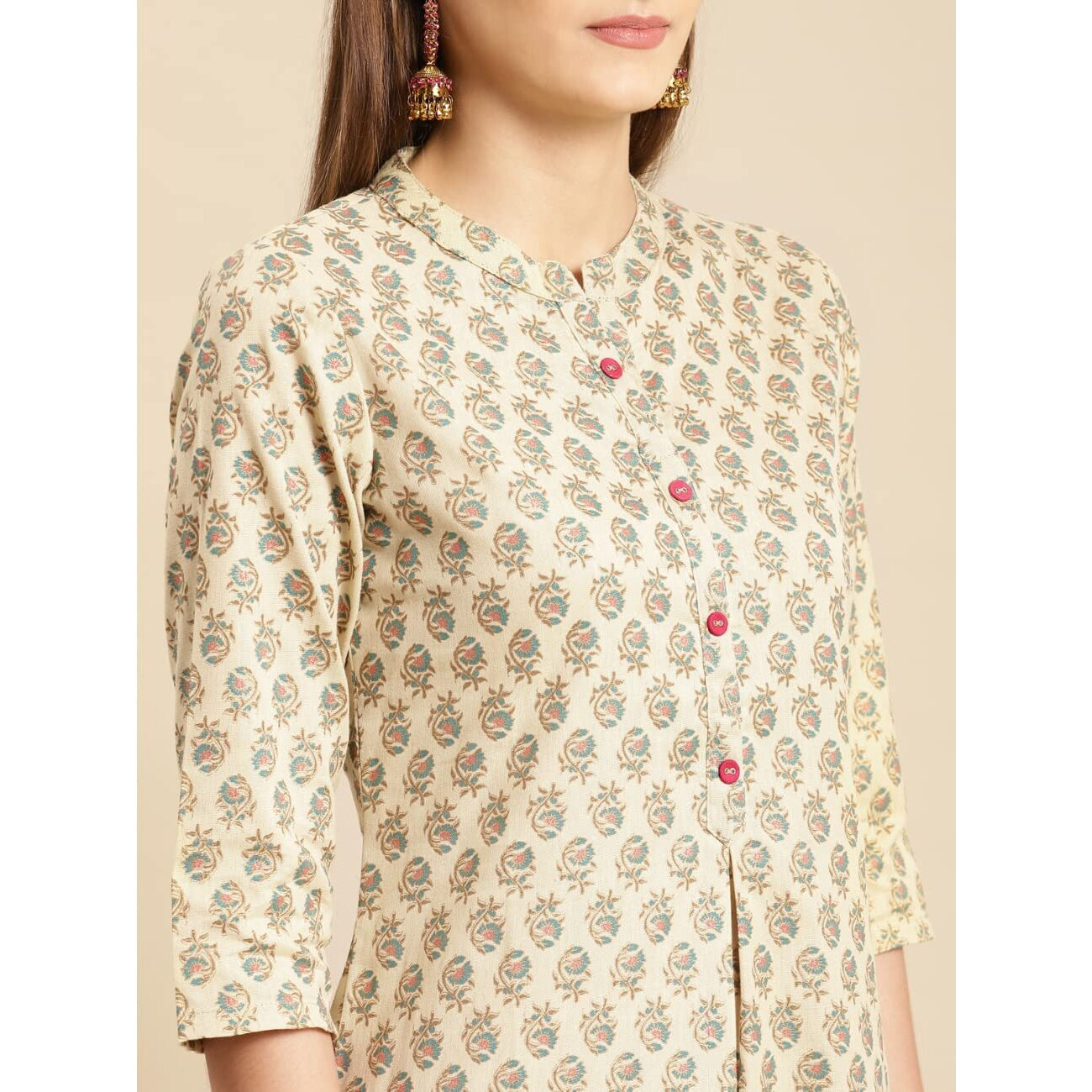 Rangita Beige Cotton Flex Calf Length Printed Straight Kurti For Women | Kurta For Women_M