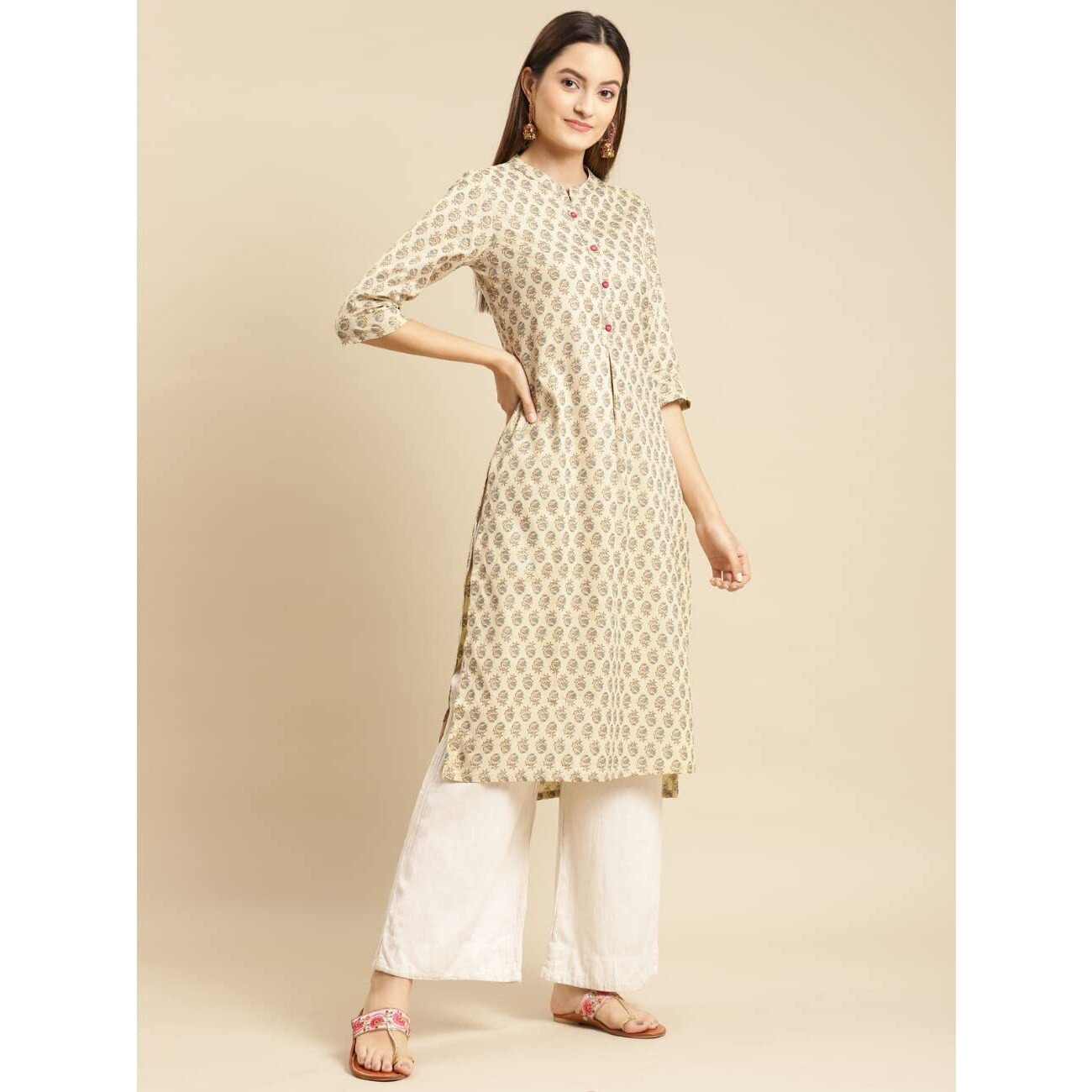 Rangita Beige Cotton Flex Calf Length Printed Straight Kurti For Women | Kurta For Women_M