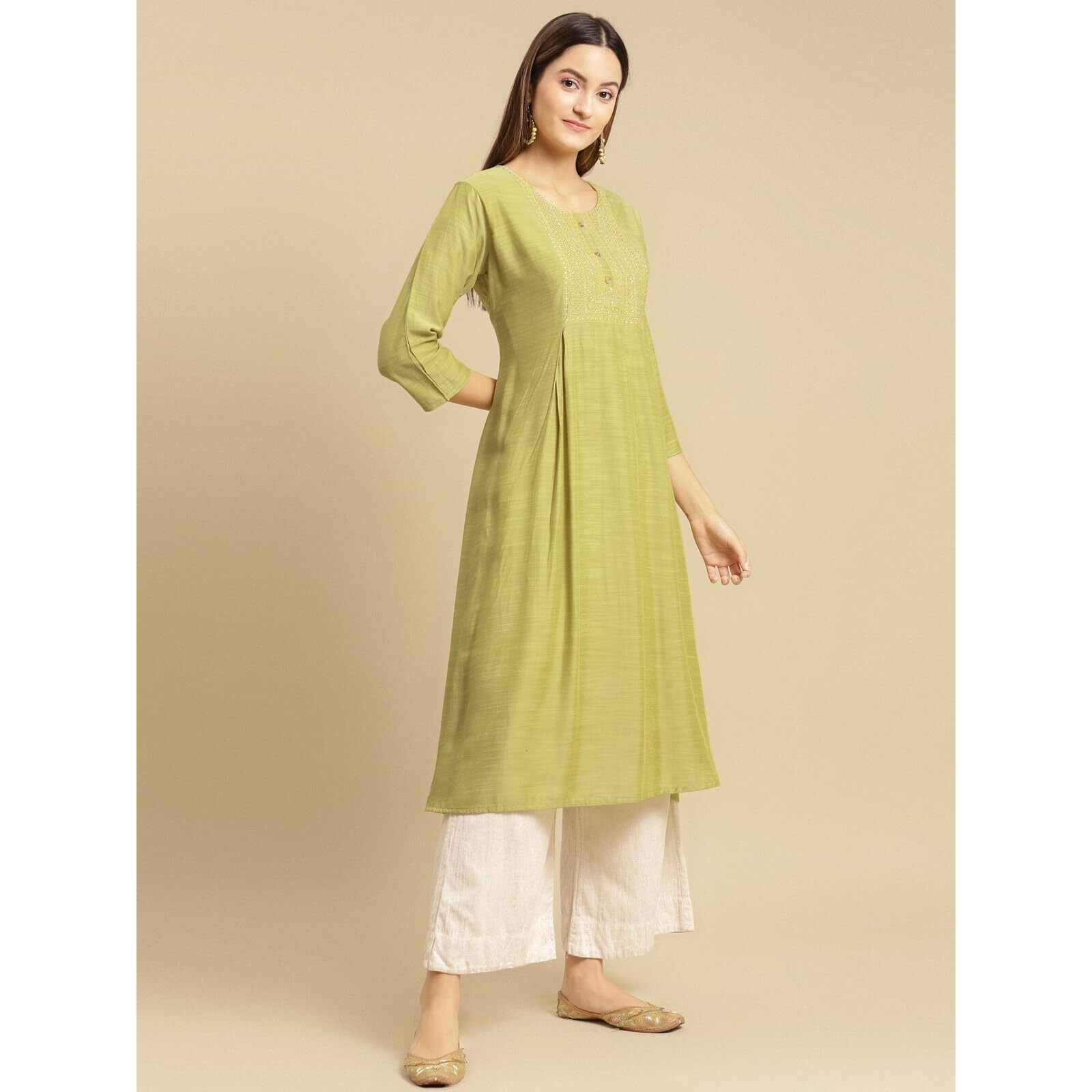 Rangita Mint Green Viscose Calf Length Embroidered Flared Kurti For Women | Kurta For Women_Xl