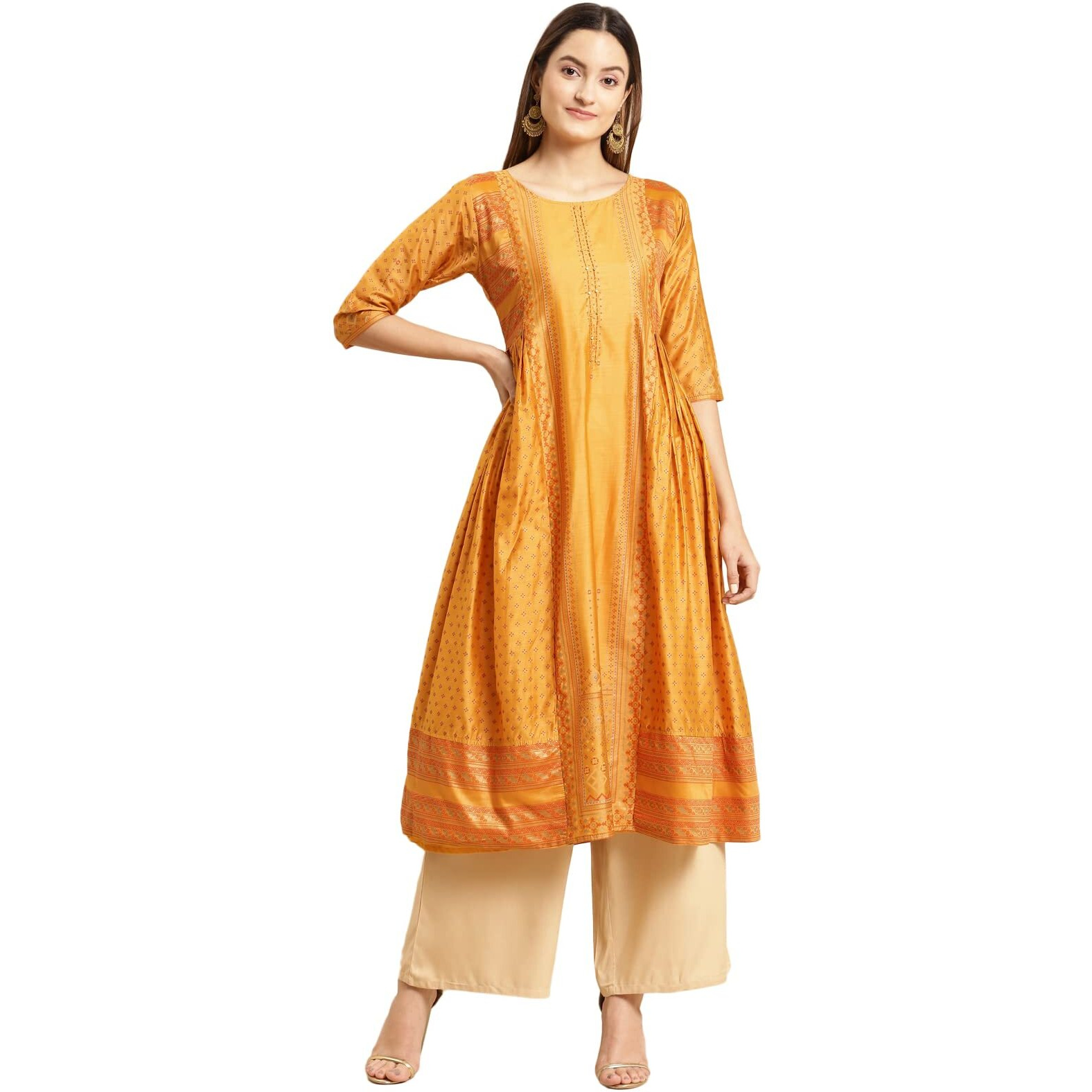 Rangita Mustard Viscose Calf Length Printed Flared Kurti For Women | Kurta For Women_S