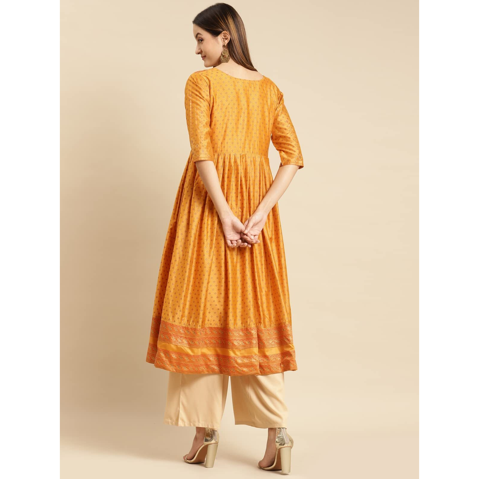 Rangita Mustard Viscose Calf Length Printed Flared Kurti For Women | Kurta For Women_S