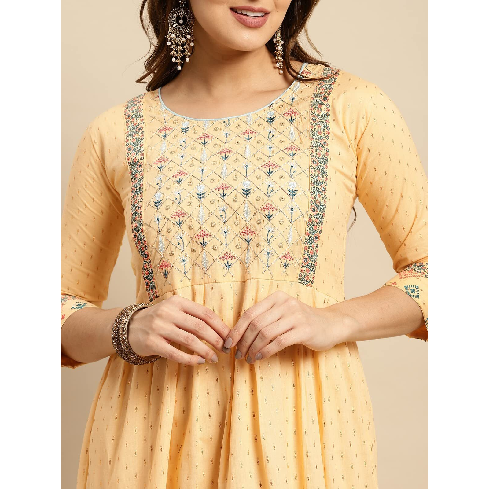 Rangita Beige Cotton Calf Length Embroidered Anarkali Kurti For Women | Kurta For Women_2Xl