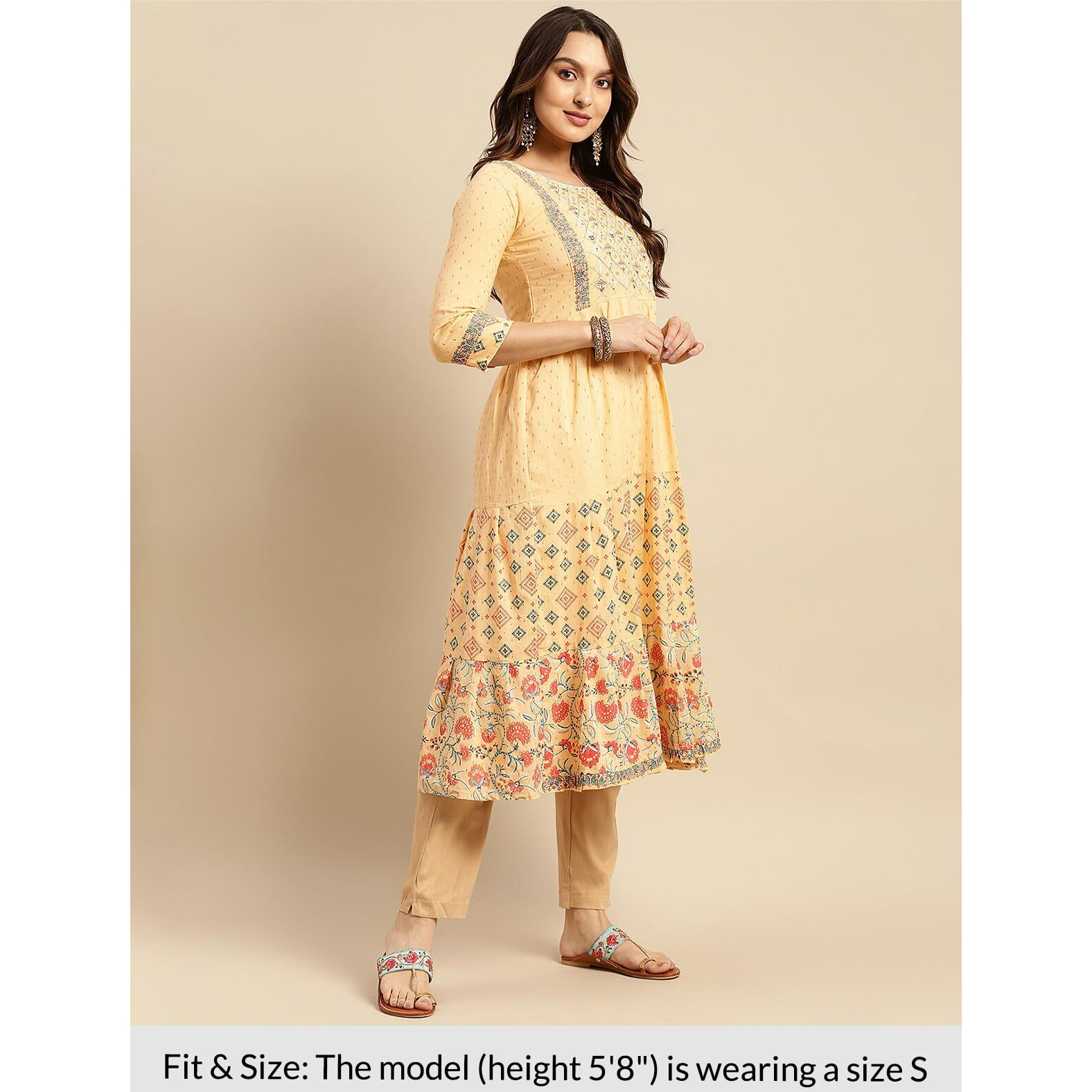 Rangita Beige Cotton Calf Length Embroidered Anarkali Kurti For Women | Kurta For Women_2Xl