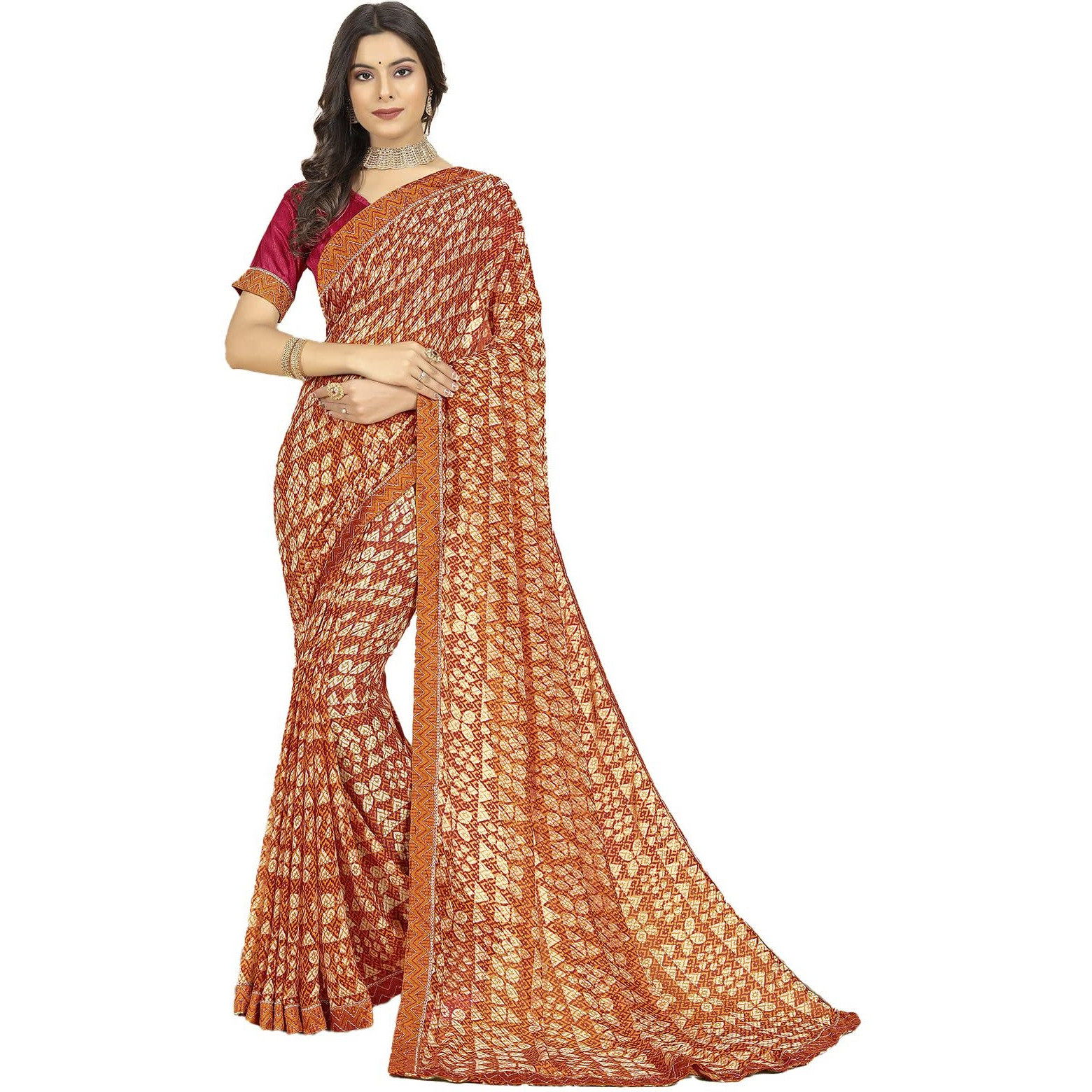 Rangita Women Abstract Printed Georgette Saree With Blouse Piece - Mustard (Size 5.5 Mtr)