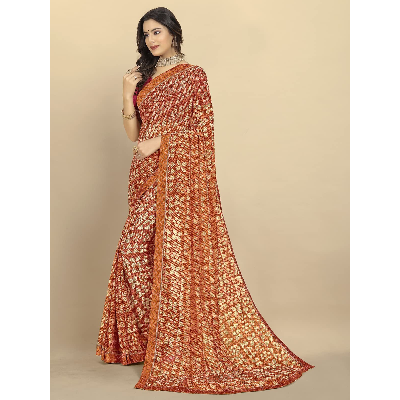 Rangita Women Abstract Printed Georgette Saree With Blouse Piece - Mustard (Size 5.5 Mtr)