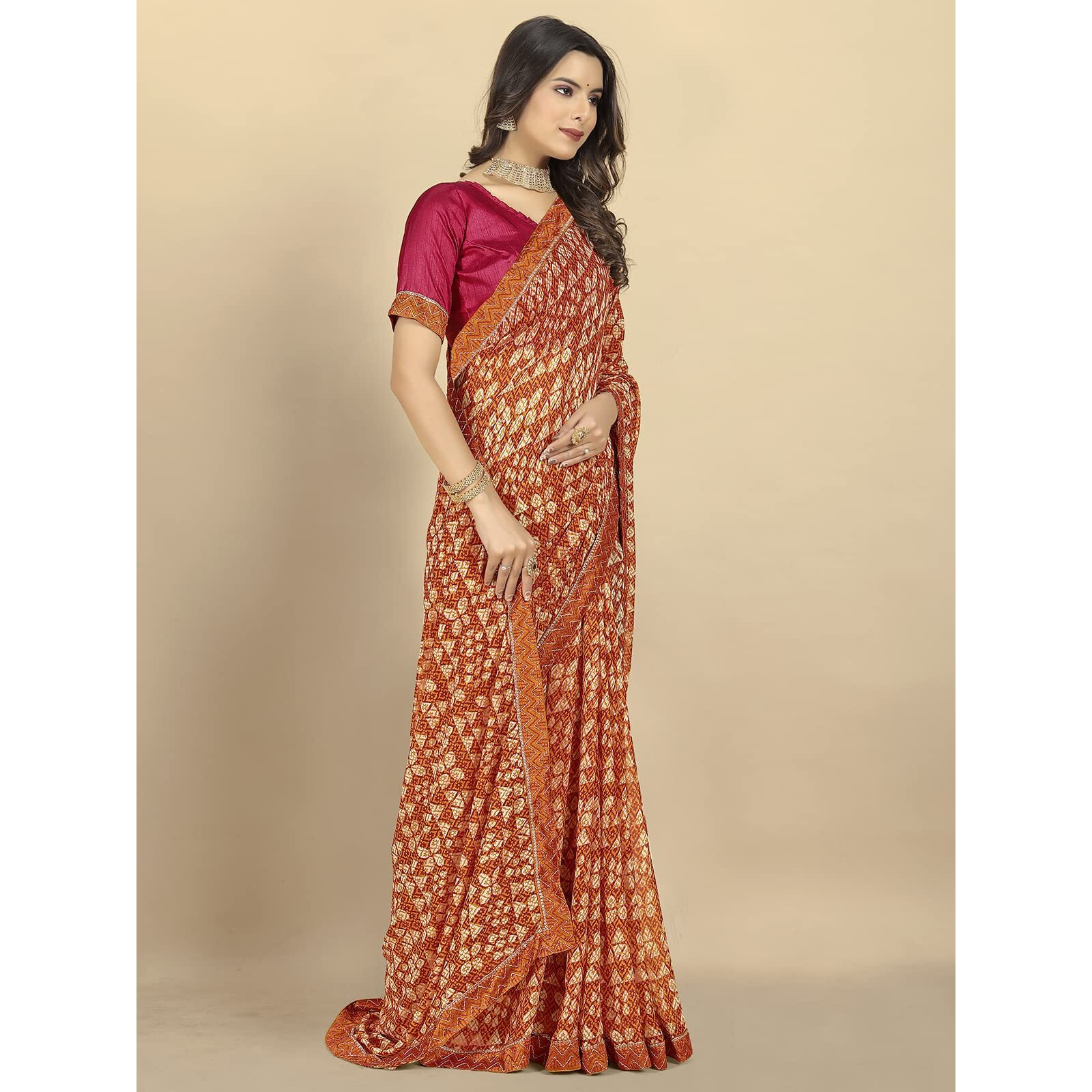 Rangita Women Abstract Printed Georgette Saree With Blouse Piece - Mustard (Size 5.5 Mtr)