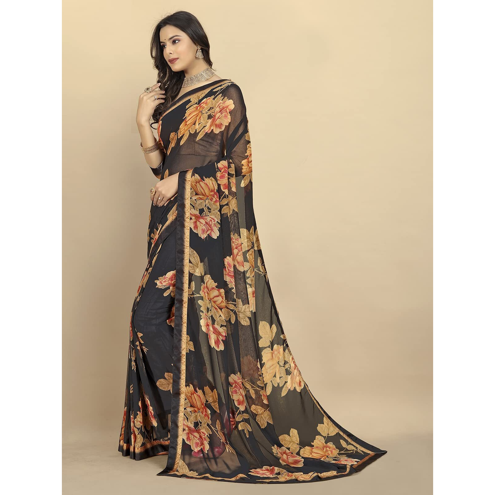 Rangita Women Floral Printed Georgette Saree With Blouse Piece - Black