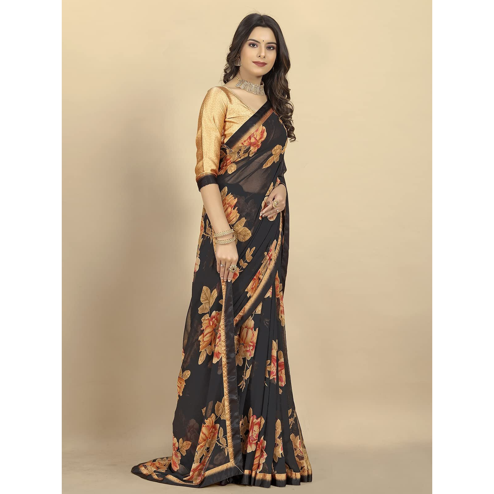 Rangita Women Floral Printed Georgette Saree With Blouse Piece - Black