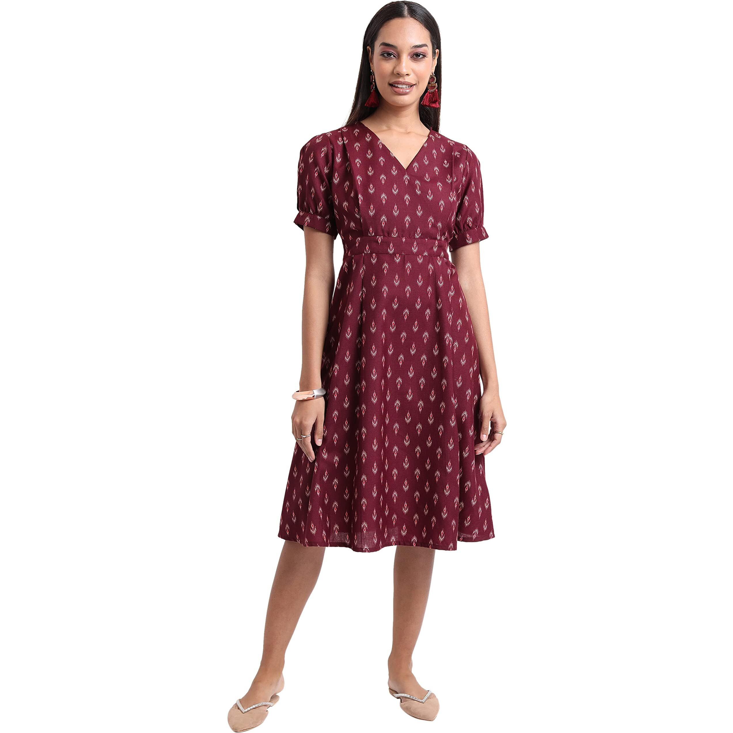 Ketch Polyester Womens Short Sleeve Regular Fit Dress Midi Kha1000035_Burgandy