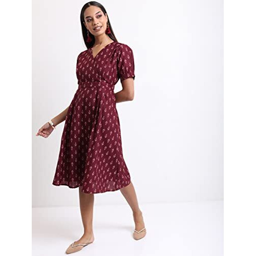 Ketch Polyester Womens Short Sleeve Regular Fit Dress Midi Kha1000035_Burgandy