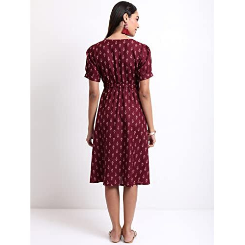 Ketch Polyester Womens Short Sleeve Regular Fit Dress Midi Kha1000035_Burgandy