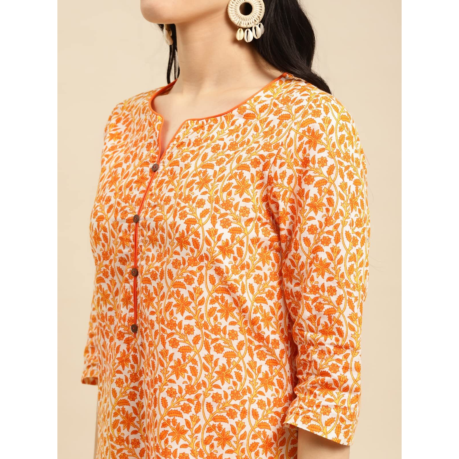 Rangita Orange Cotton Knee Length Printed Straight Kurti For Women | Kurta For Women_M