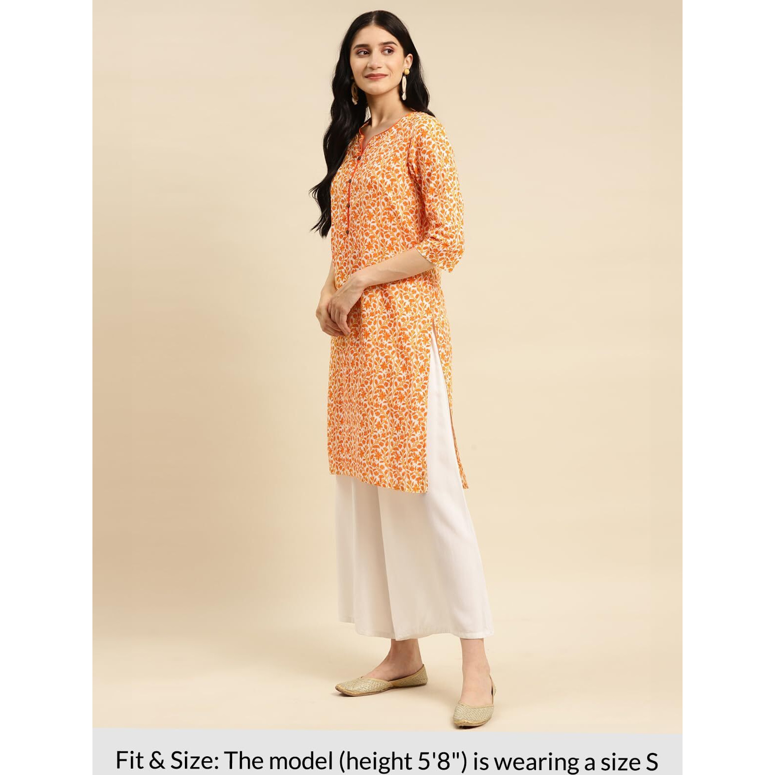 Rangita Orange Cotton Knee Length Printed Straight Kurti For Women | Kurta For Women_M