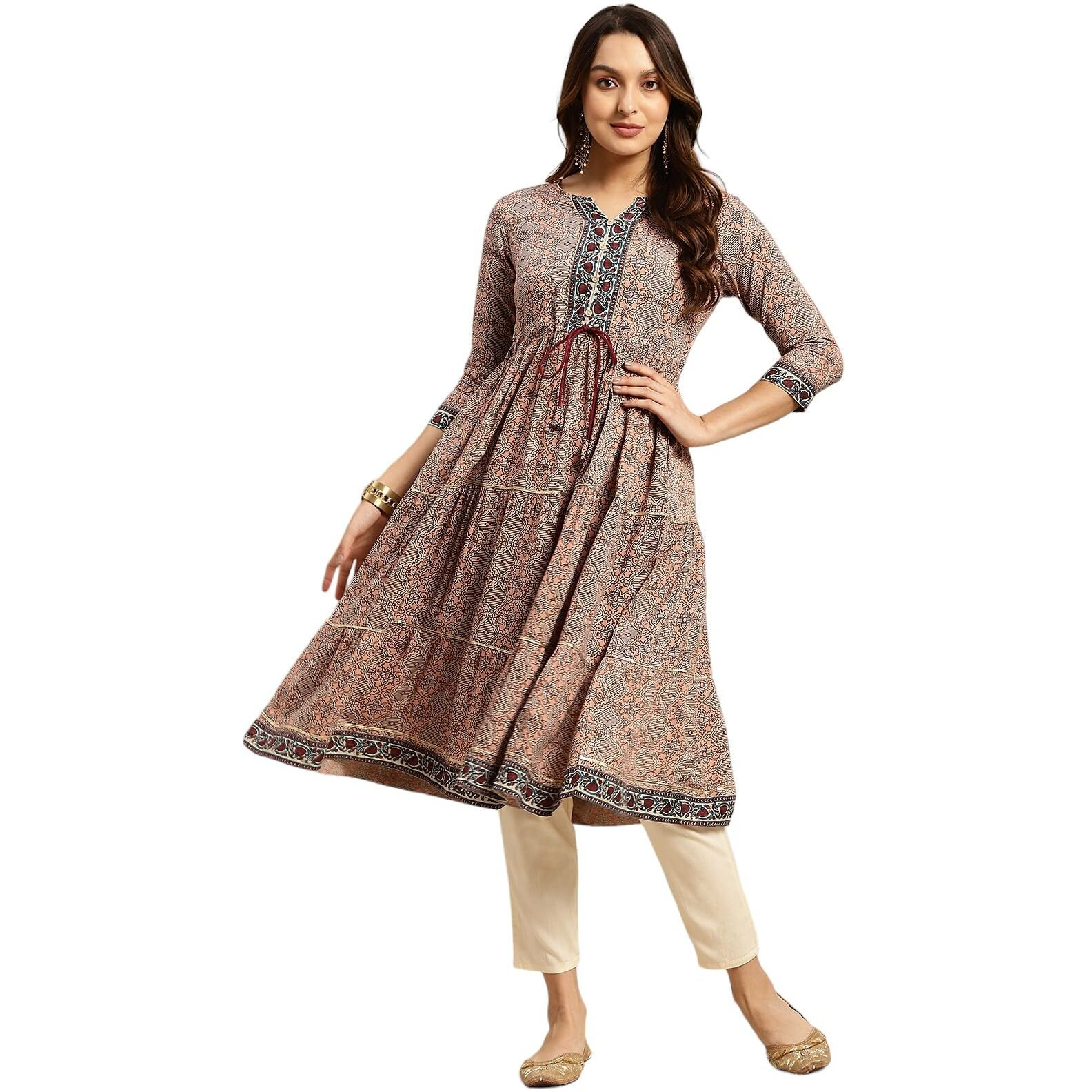Rangita Peach Rayon Calf Length Printed Anarkali Kurti For Women | Kurta For Women_Xl