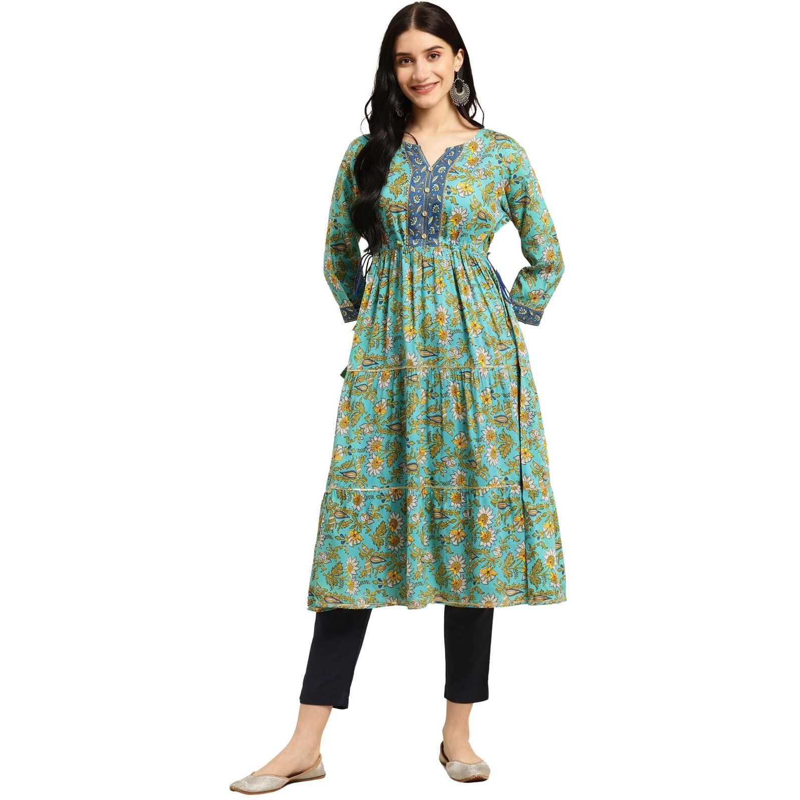 Rangita Mint Green Rayon Calf Length Printed Tiered Flared Kurti For Women | Kurta For Women_Xl