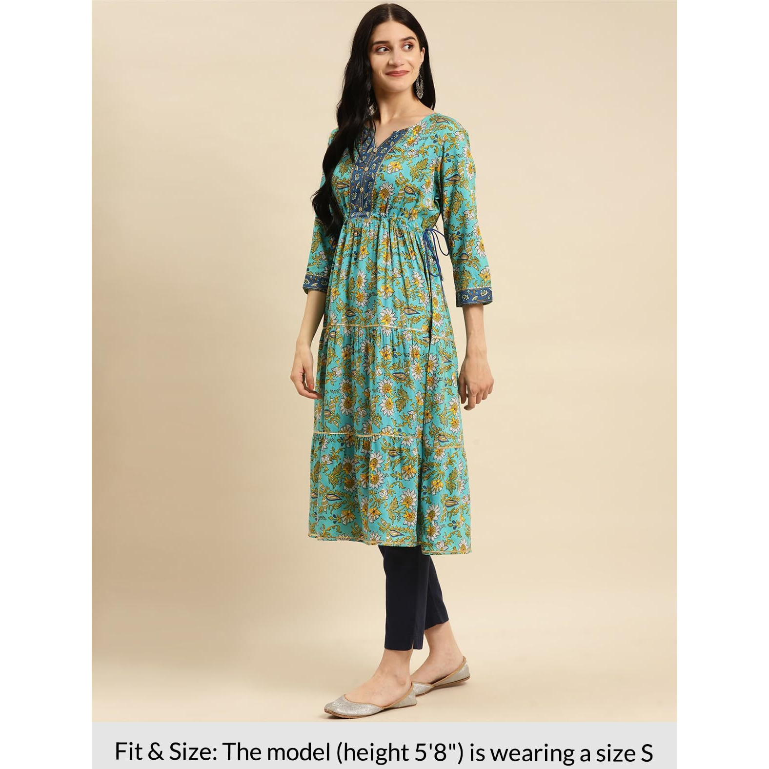 Rangita Mint Green Rayon Calf Length Printed Tiered Flared Kurti For Women | Kurta For Women_Xl