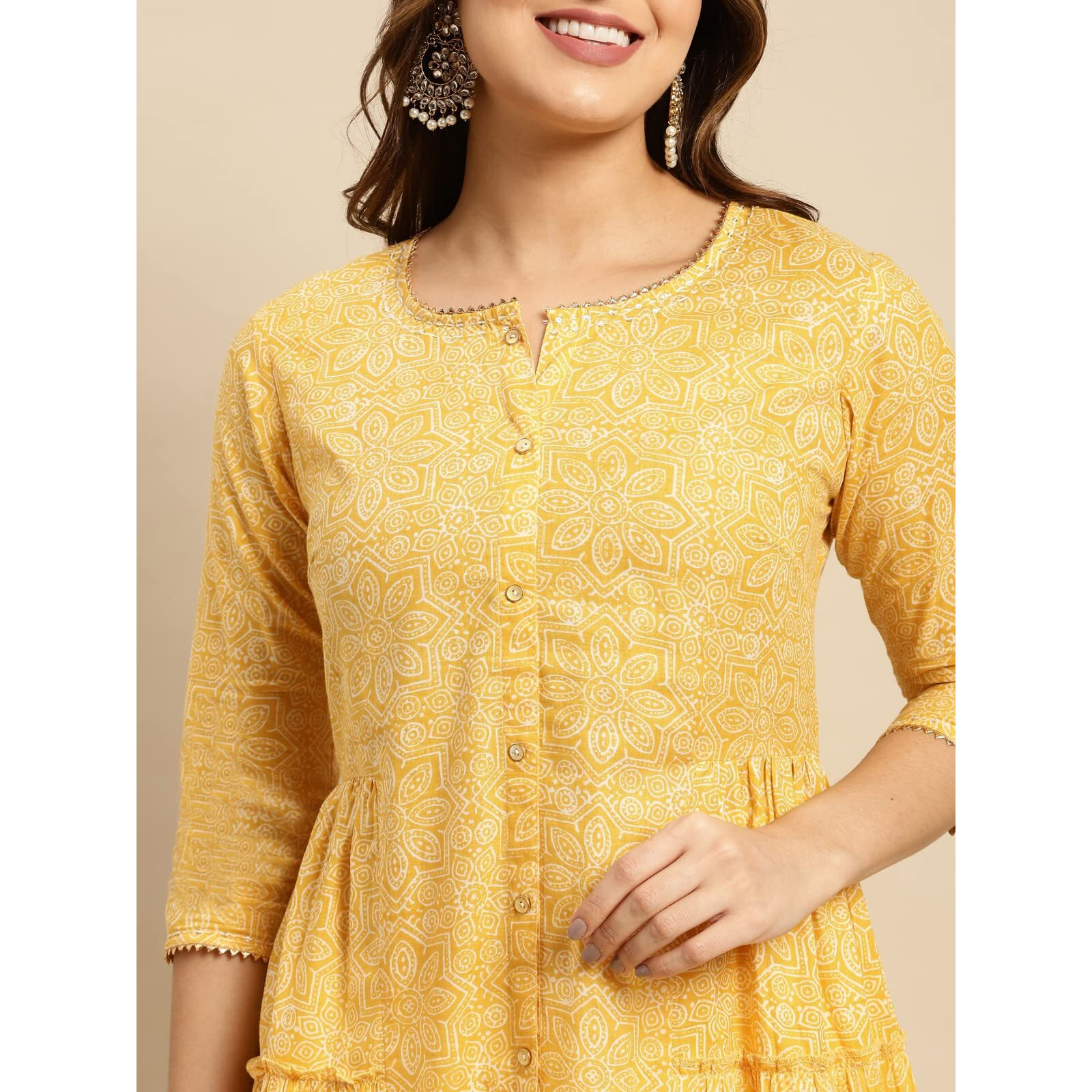 Rangita Yellow Cotton Calf Length Printed Tiered Flared Kurti For Women | Kurta For Women_2Xl