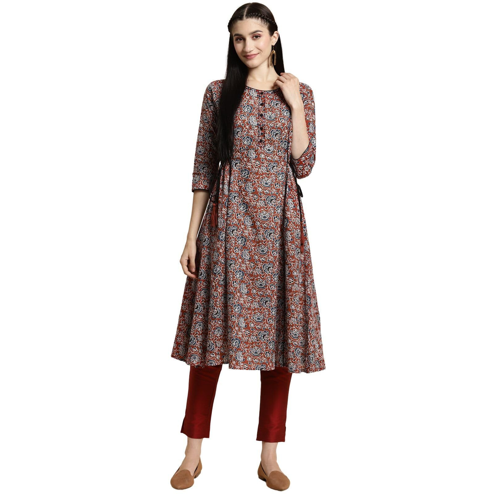 Rangita Rust Cotton Calf Length Printed Flared Kurti For Women | Kurta For Women_Xl