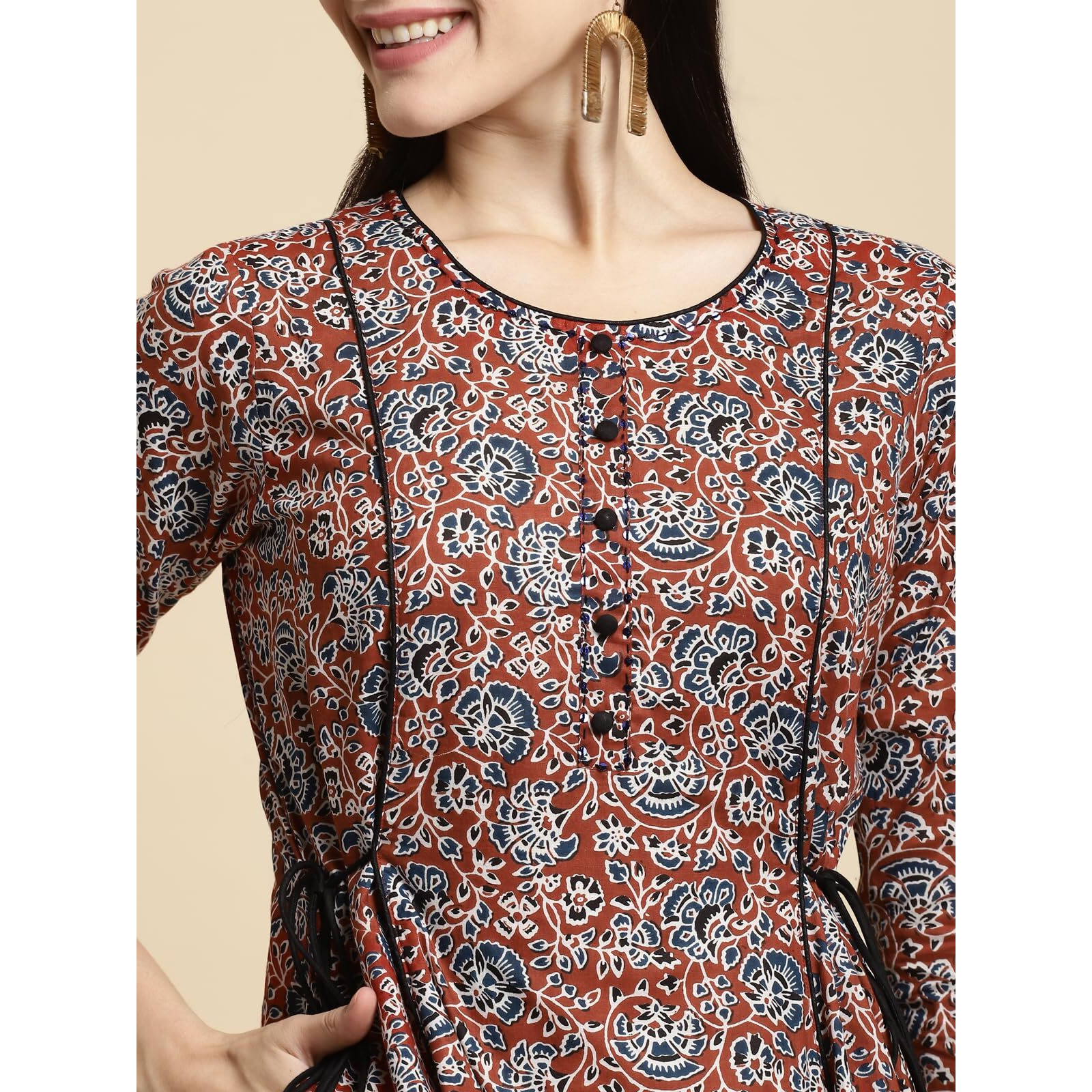 Rangita Rust Cotton Calf Length Printed Flared Kurti For Women | Kurta For Women_Xl