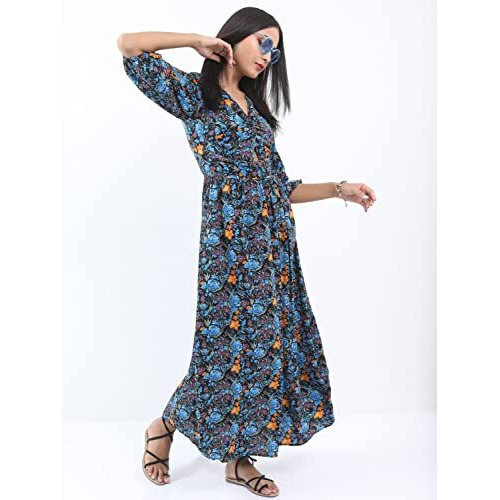 Ketch Women's Polyester A-Line Maxi Casual Dress (Khj6000243_Black Blue Multi