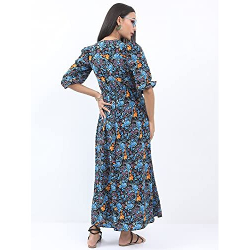 Ketch Women's Polyester A-Line Maxi Casual Dress (Khj6000243_Black Blue Multi