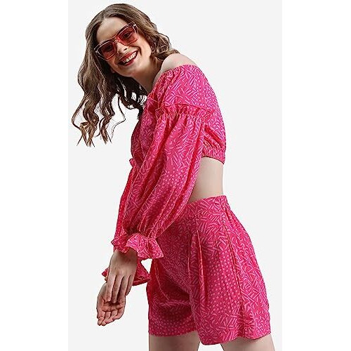 Ketch Polyester Women Western Casual Fit Co-Ord Set Standard Length Playwear Dress (Khce000053_Pink_S)